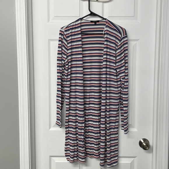 Ambiance Tops - Ambiance Hacci Pink and Navy Long Duster Cardigan Lightweight with Deep Slits